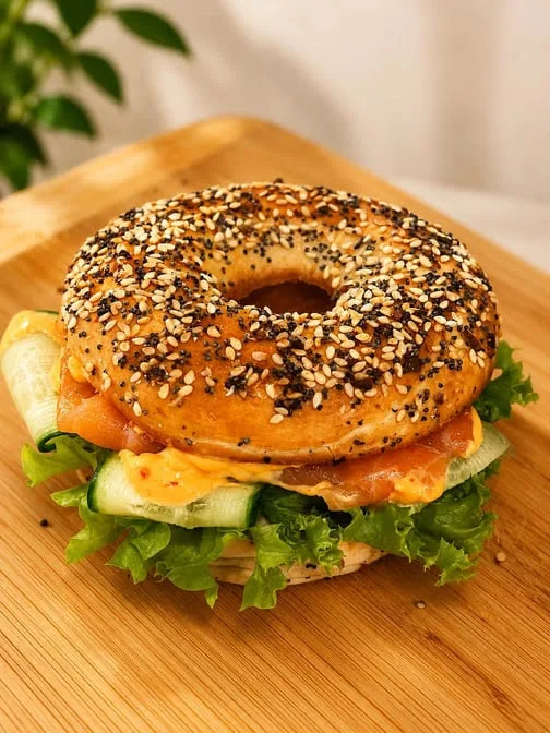 Loaded bagel sandwich at Maison Croissant & Bowls in St. Vital, Winnipeg