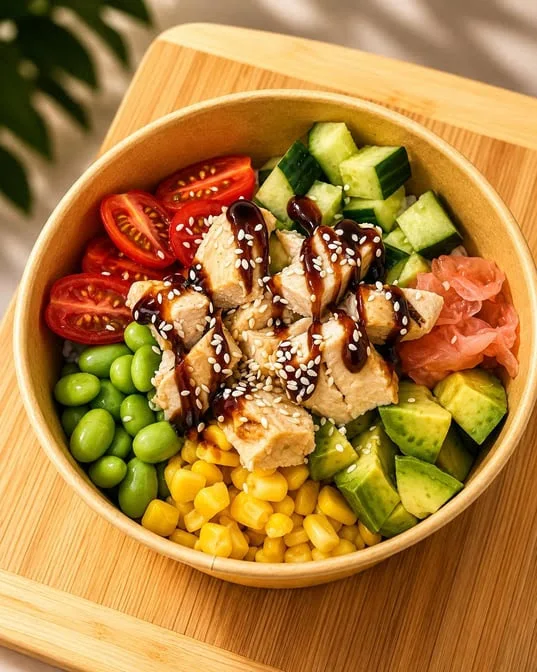 Signature poke-style bowl with fresh rice, toppings and sauce at Maison Croissant & Bowls, St. Vital Winnipeg